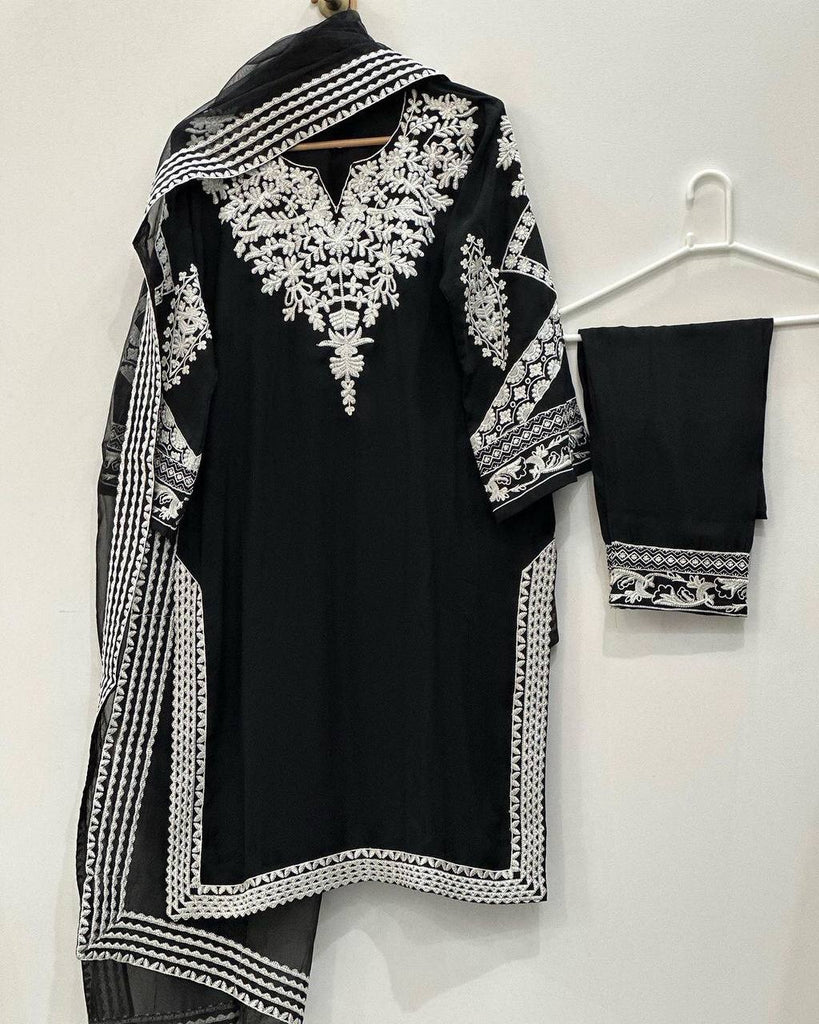 Black Faux Georgette Embroidery Work Top Bottom With Dupatta Set
