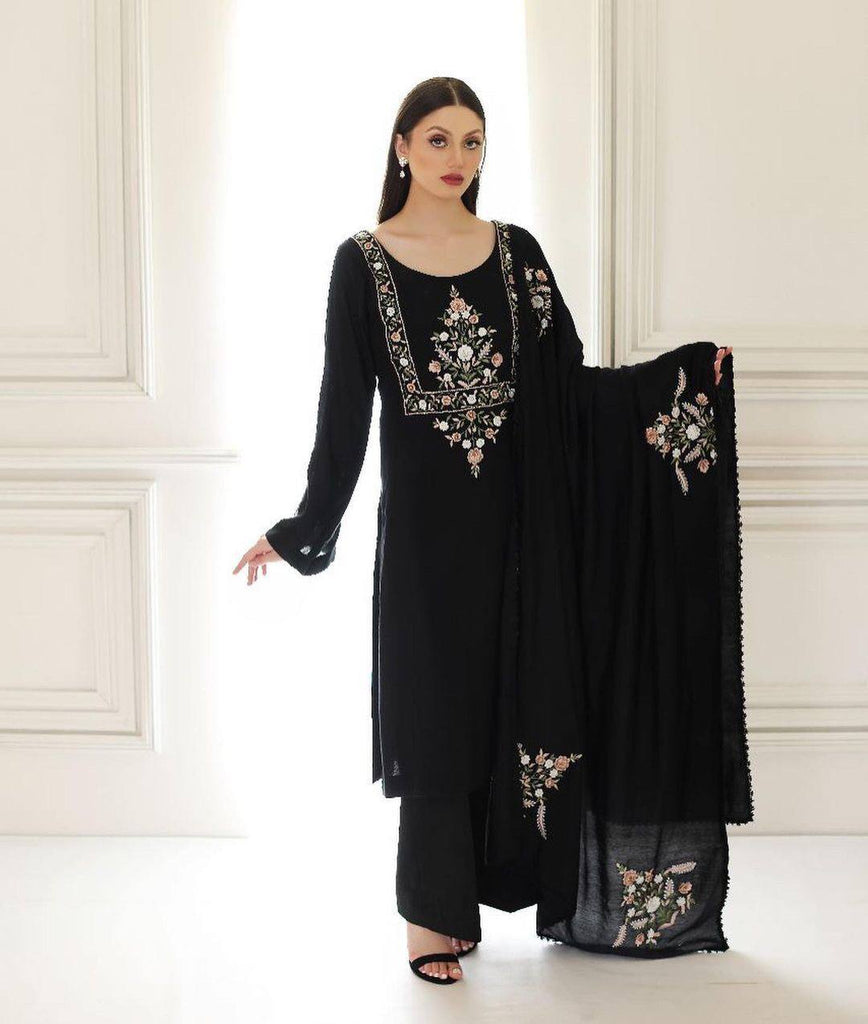Black Faux Georgette Embroidery Work Top Bottom With Dupatta Set