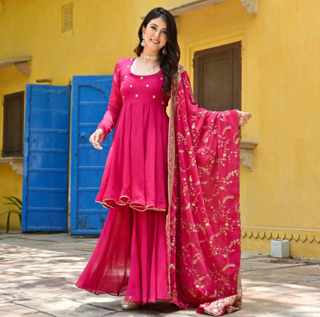 Rani Pink Faux Georgette Sequence Work Sharara Suit