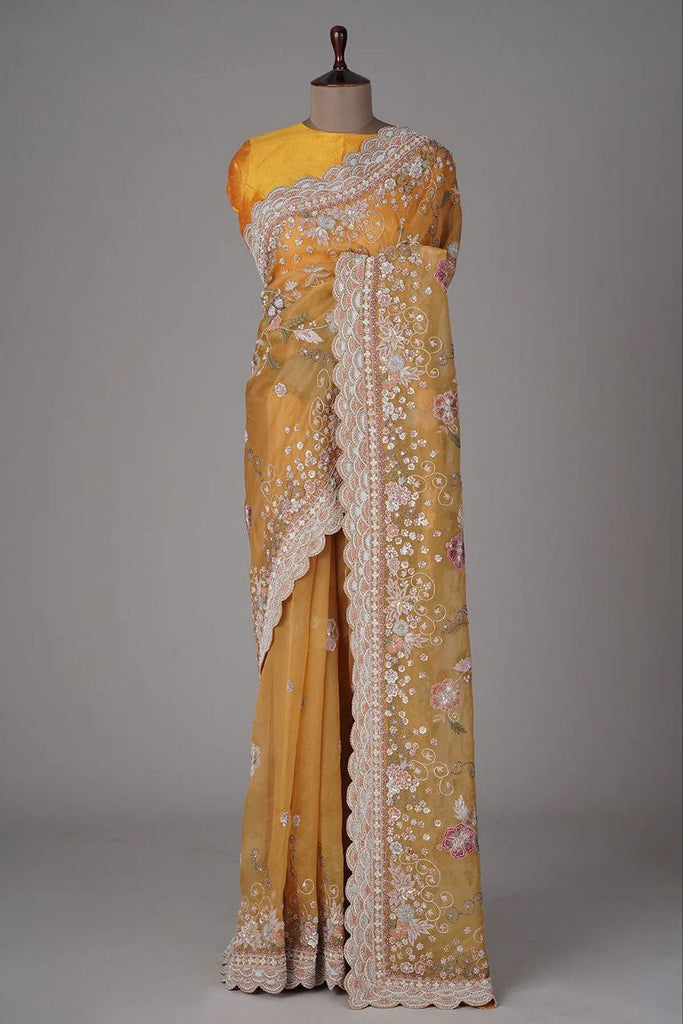Yellow Chinon Silk Sequence Embroidery Work Saree With Blouse