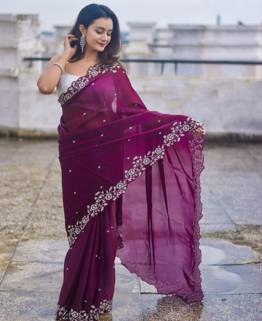 Wine Organza Silk Sequence Embroidery Work Saree With Blouse