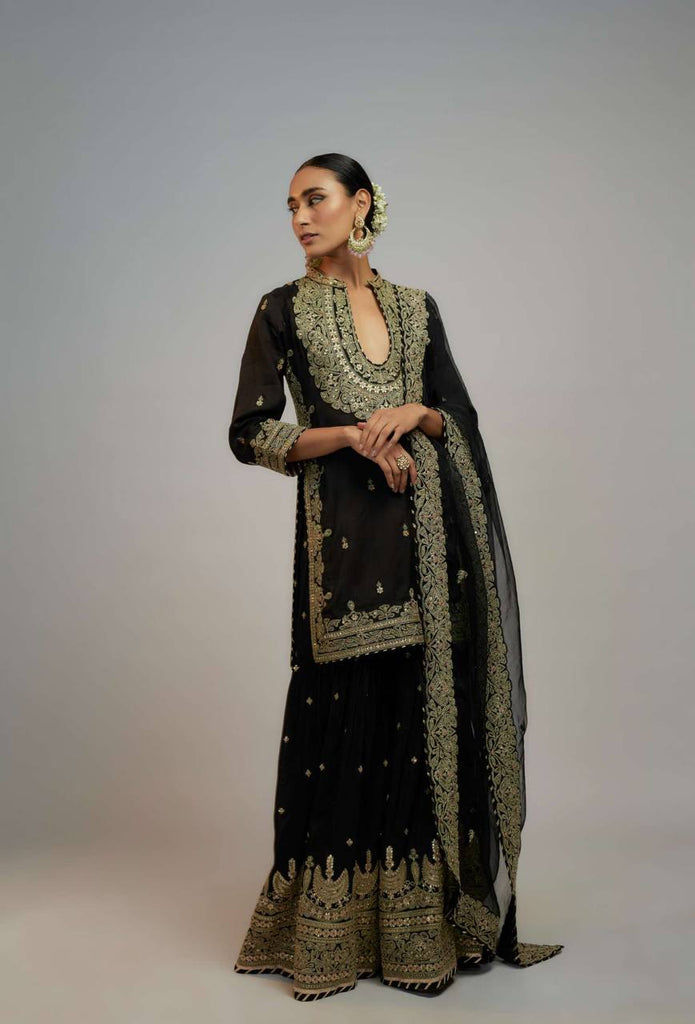 Black Faux Georgette Embroidery Work Sharara Suit With Dupatta