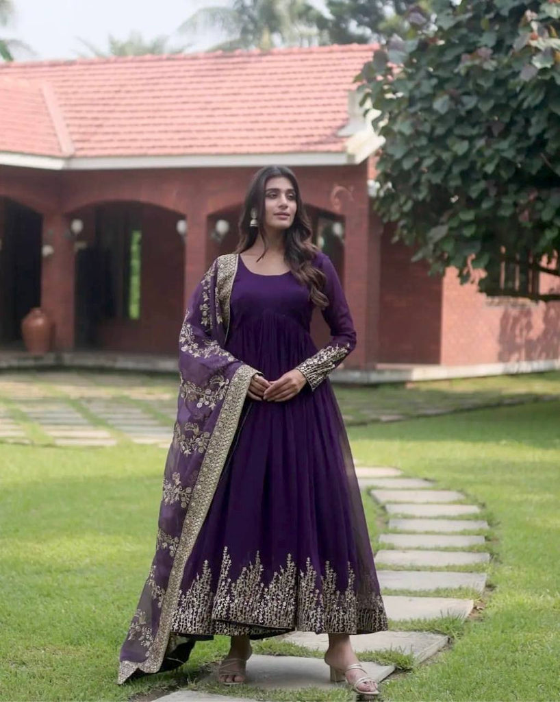 Purple Faux Georgette Sequence Embroidery Work Gown With Dupatta