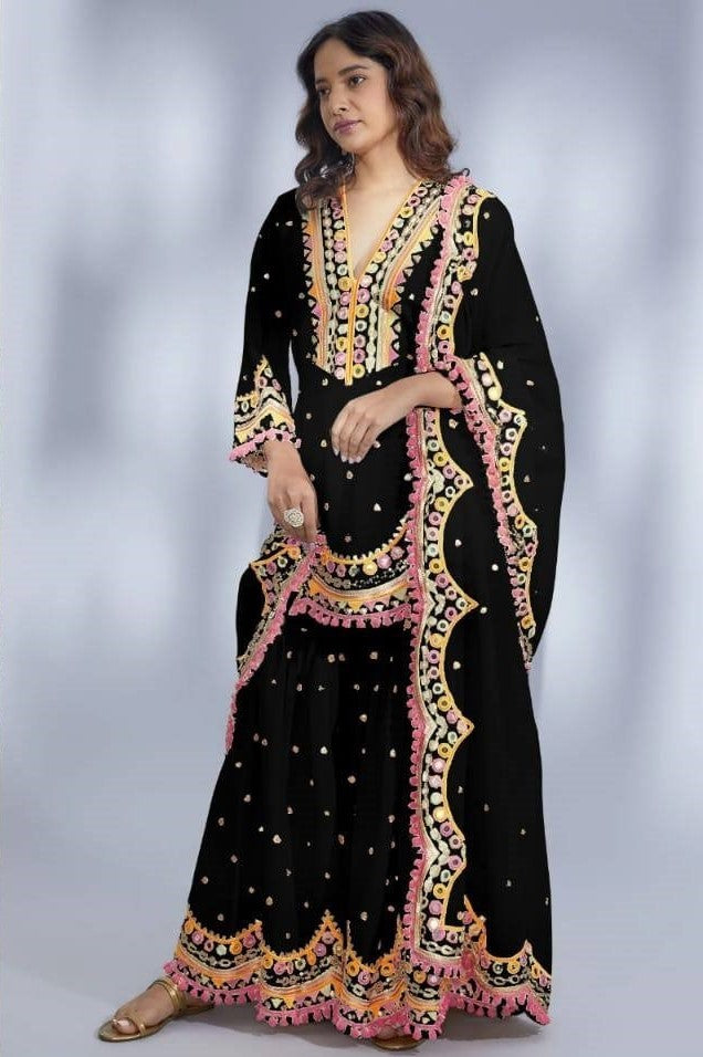 Black Faux Georgette Real Mirror Hand Work Sharara Suit With Dupatta