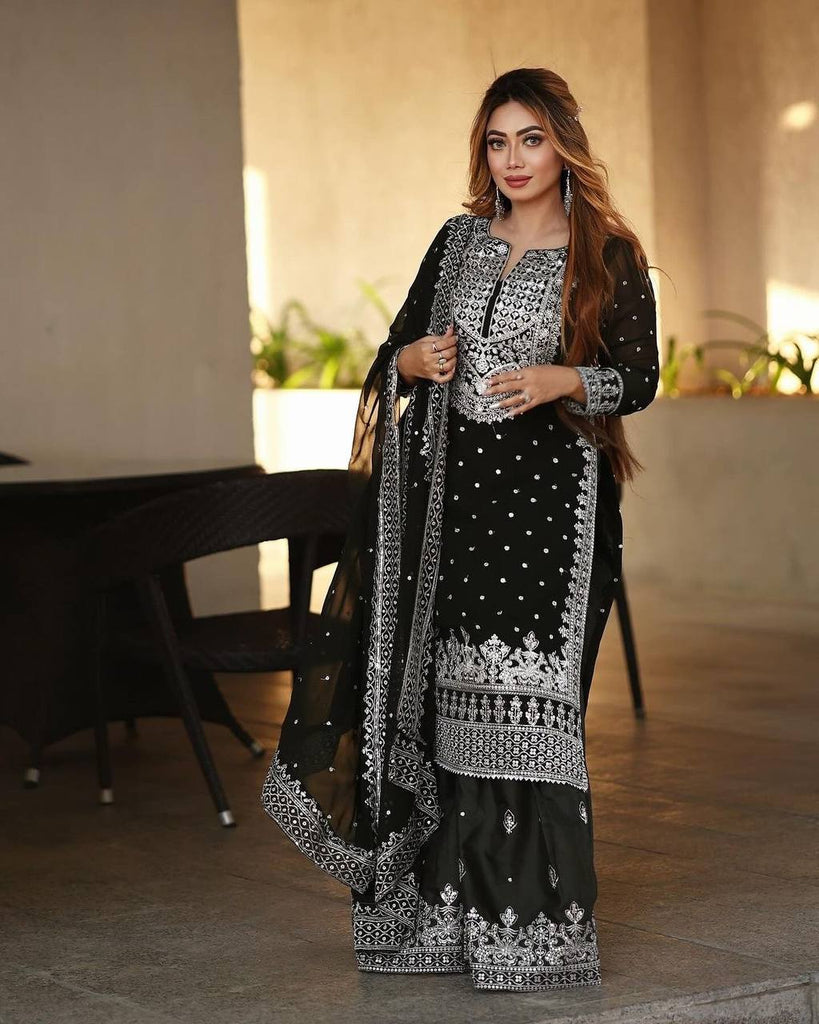 Black Faux Georgette Embroidered Gharara Suit With Dupatta