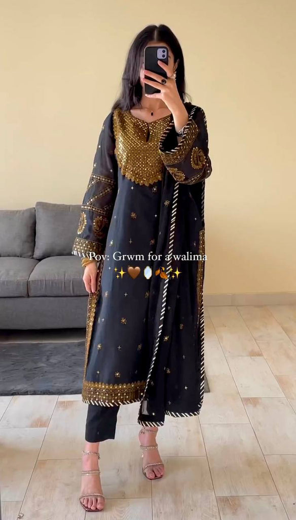 Black Faux Georgette Embroidered Top Bottom With Dupatta