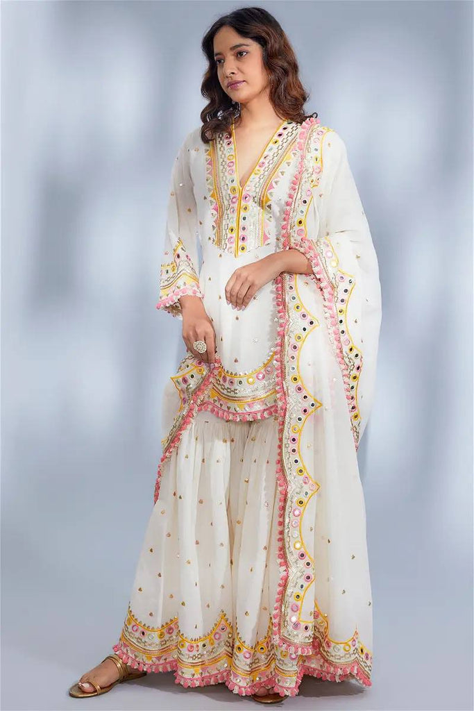 White Faux Georgette Real Mirror Hand Work Sharara Suit With Dupatta