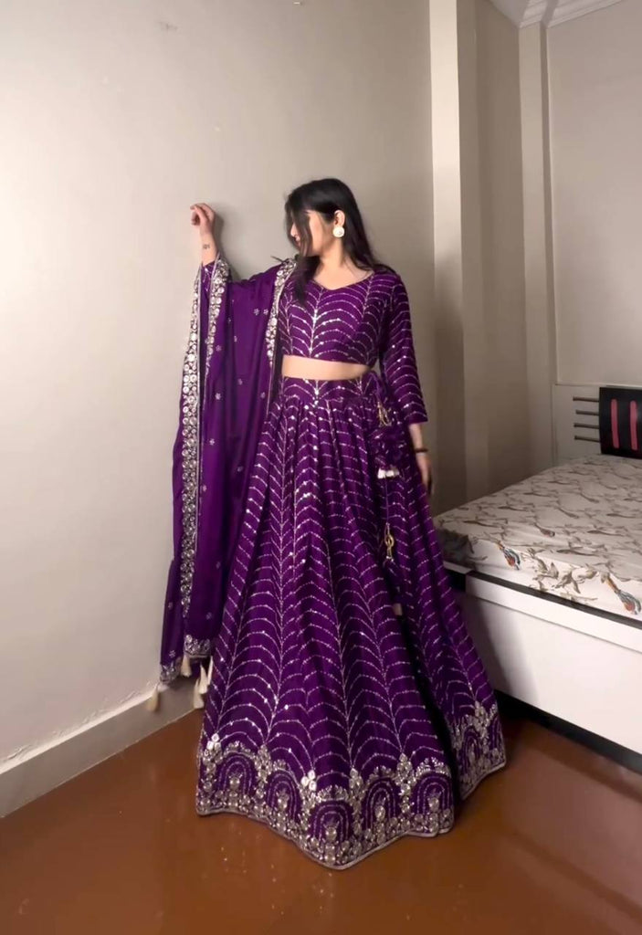 Purple Faux Georgette Sequence Embroidery Work Lehenga Choli With Dupatta