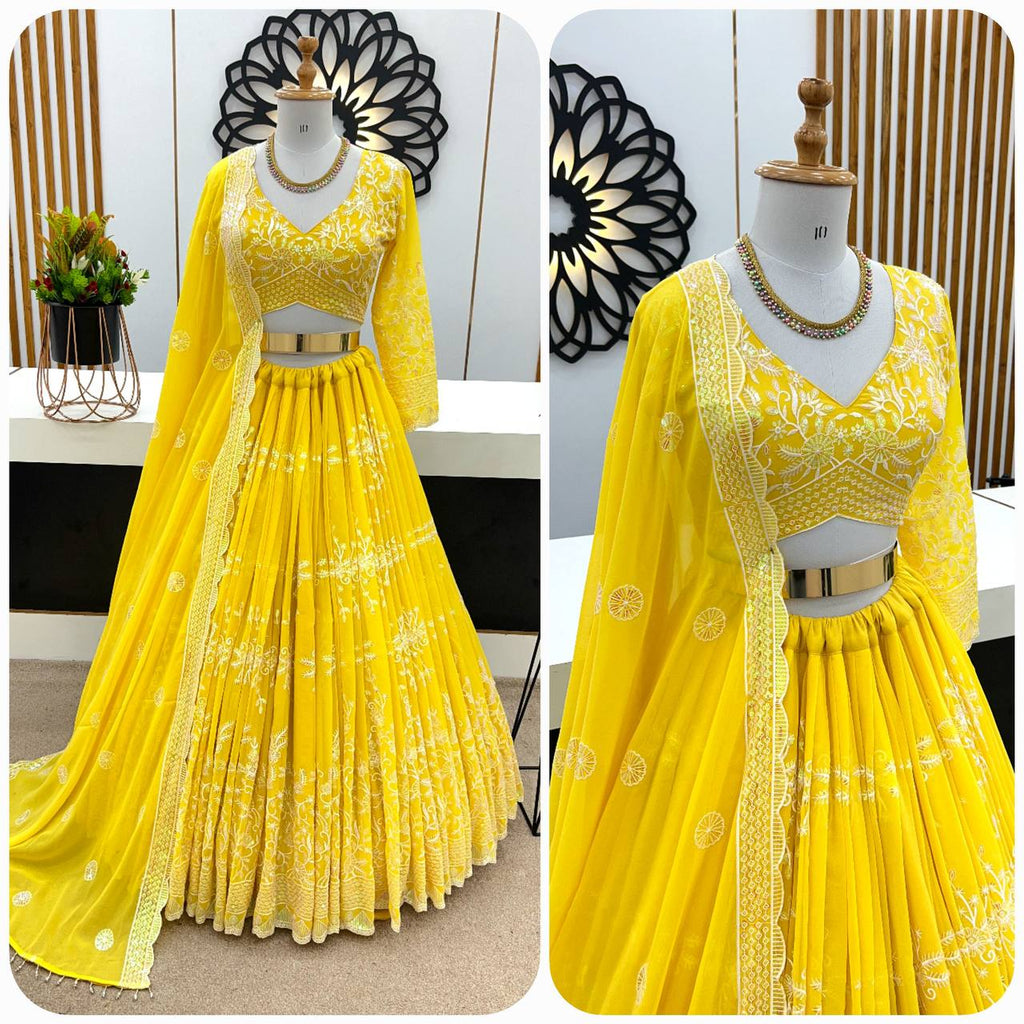 Yellow Faux Georgette Embroidered Lehenga Choli With Dupatta