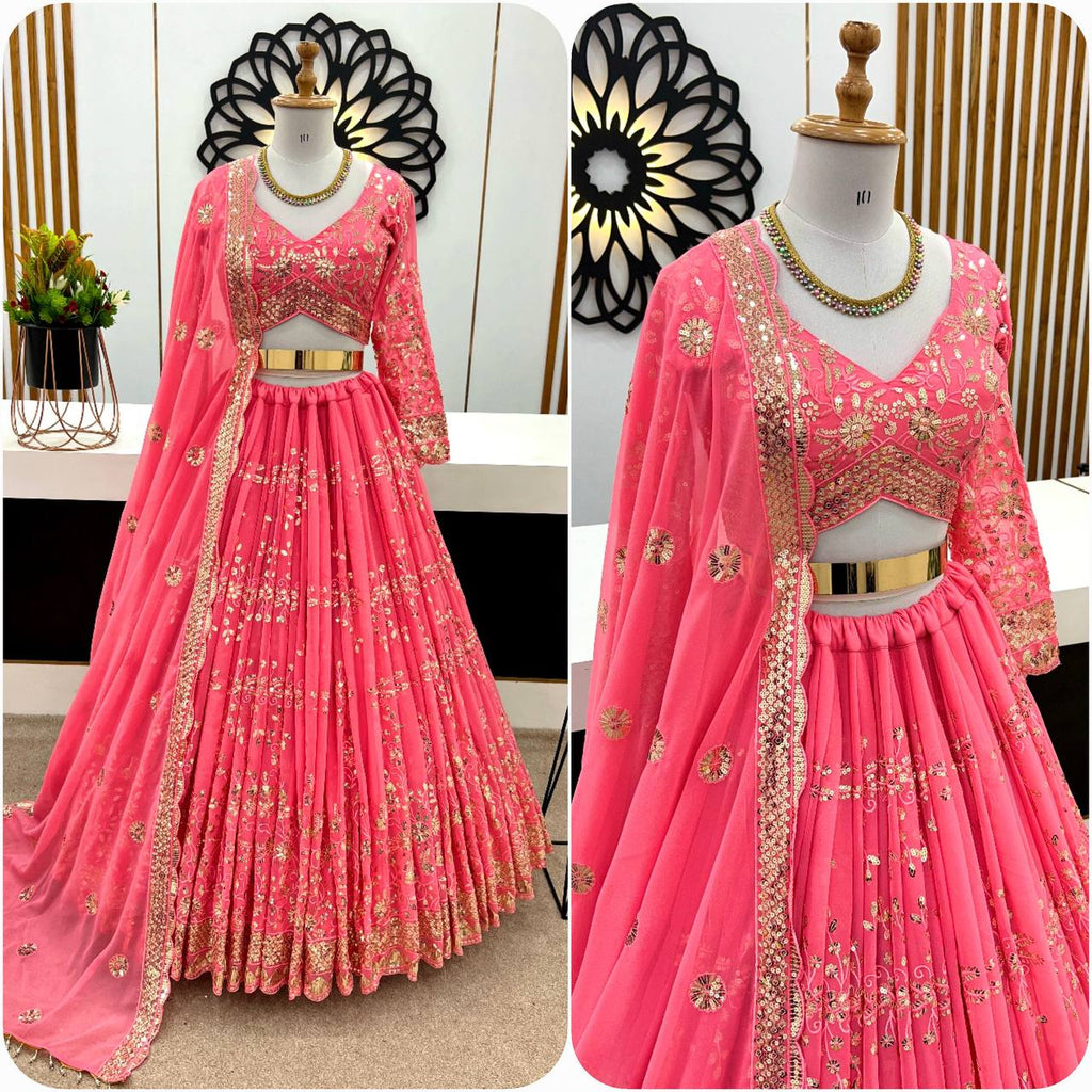 Pink Faux Georgette Embroidered Lehenga Choli With Dupatta