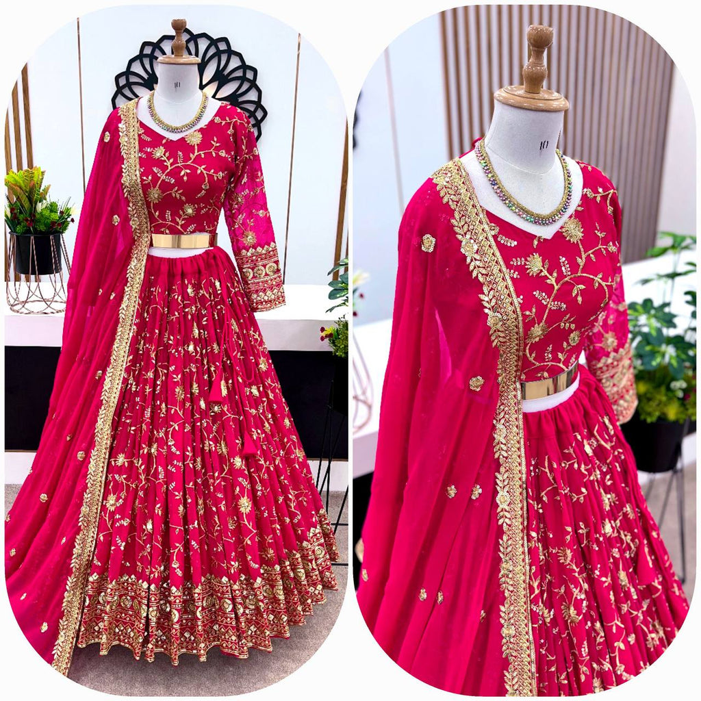 Rani Pink Faux Georgette Sequence Embroidery Work Lehenga Choli With Dupatta