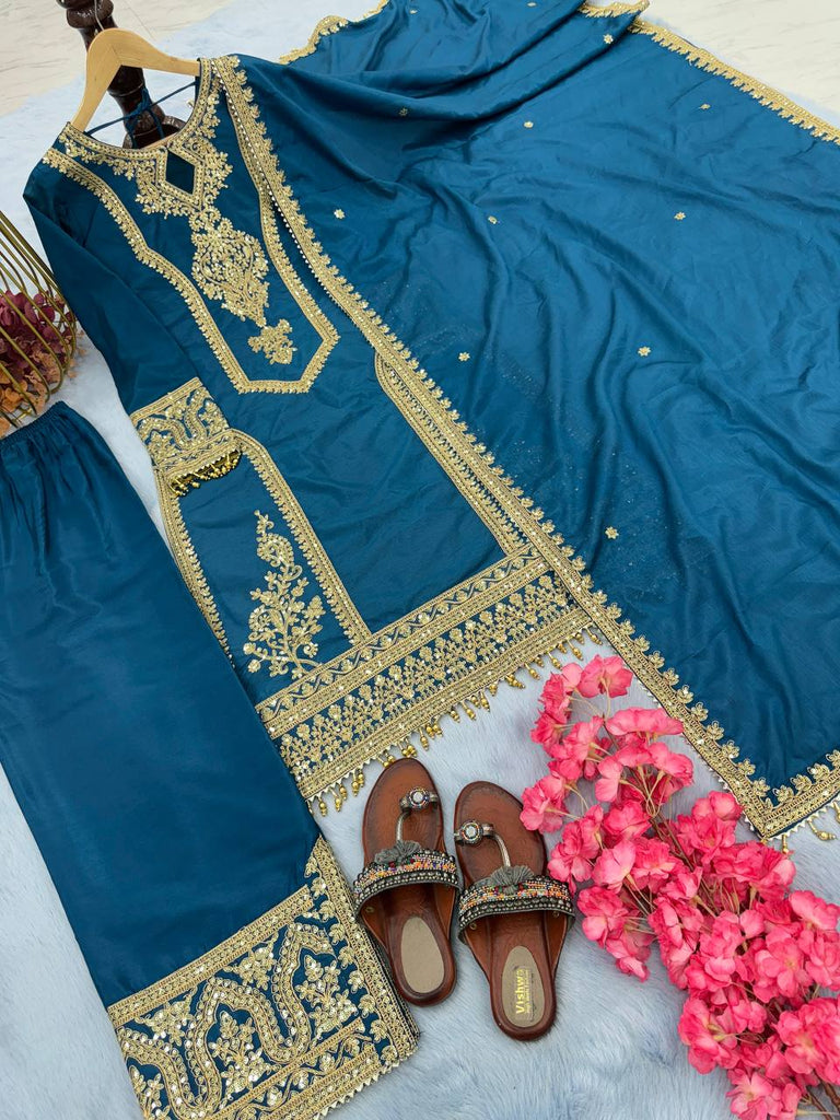 Rama Blue Chinon Silk Cording Dori Work Kurta With Palazzo And Dupatta