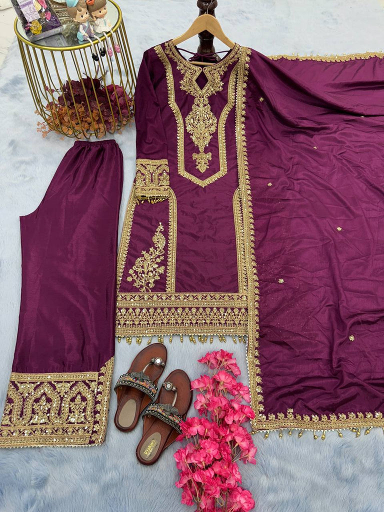 Wine Chinon Silk Cording Dori Work Kurta With Palazzo And Dupatta