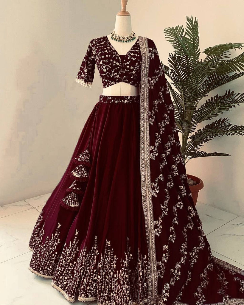Maroon Faux Georgette Sequence Embroidery Work Lehenga Choli With Dupatta