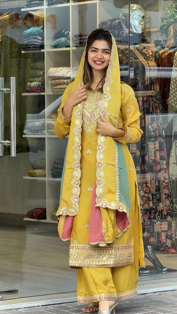 Yellow Faux Georgette Sequence Embroidery Work Kurta With Palazzo And Dupatta