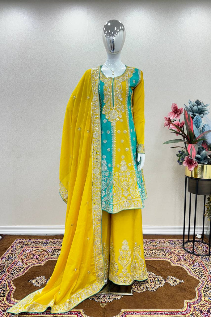 Yellow Sky Heavy Chinon Silk Embroidered Sharara Suit With Dupatta