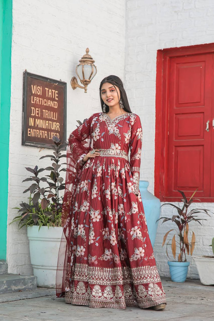 Maroon Crush Pleating Chinon Silk Digital Printed Gown With Dupatta Set