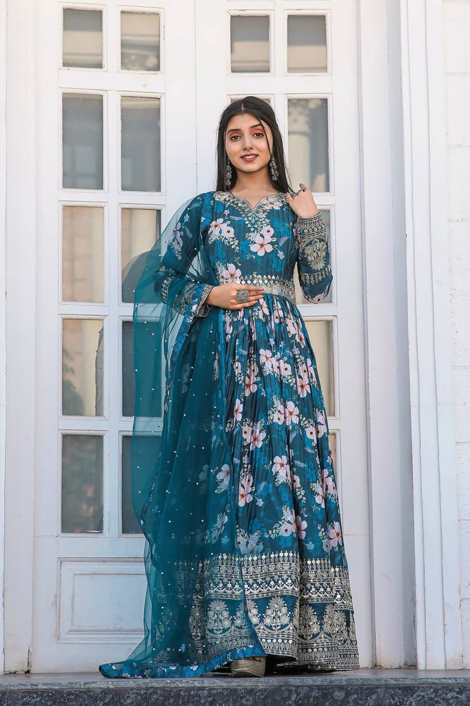 Blue Crush Pleating Chinon Silk Digital Printed Gown With Dupatta Set