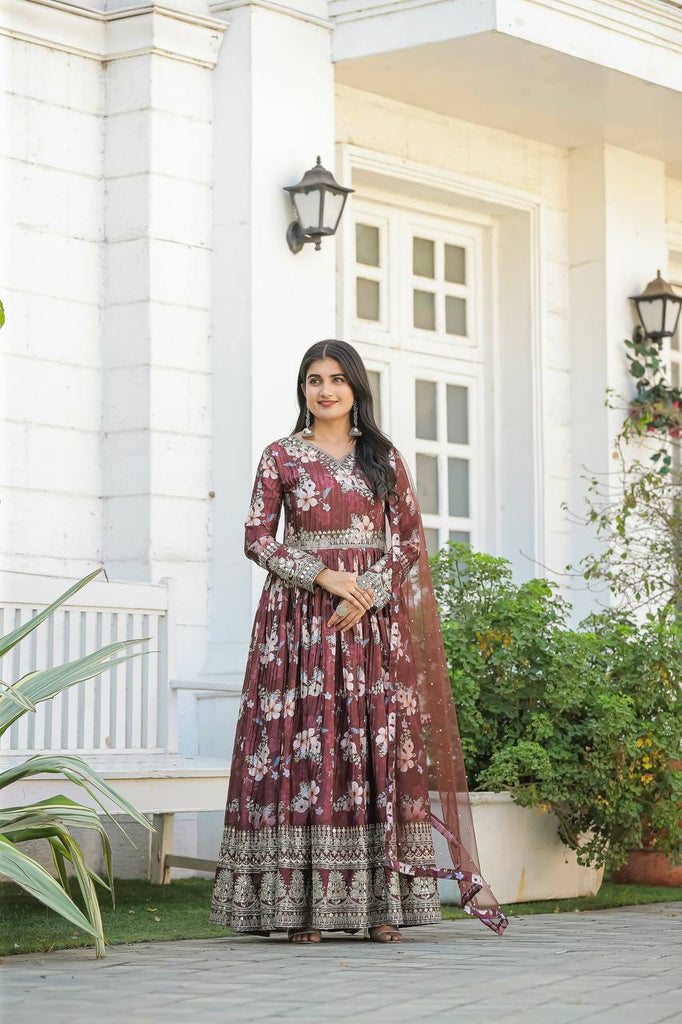 Brown Pleating Chinon Silk Digital Printed Gown With Dupatta Set