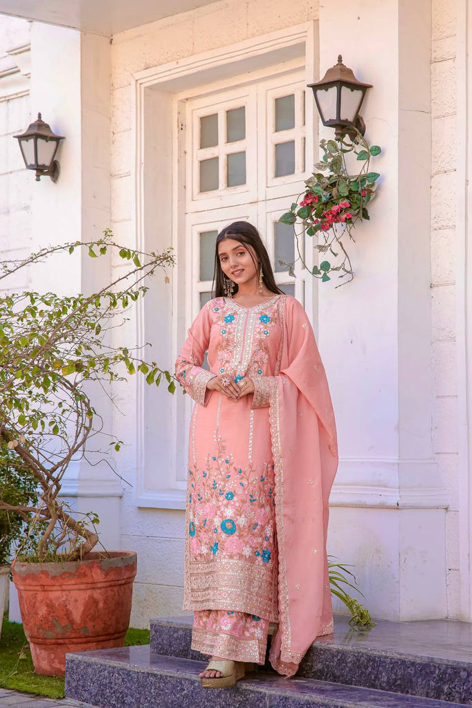 Peach Heavy Chinon Silk Diamond Hand Work Kurta With Palazzo And Dupatta