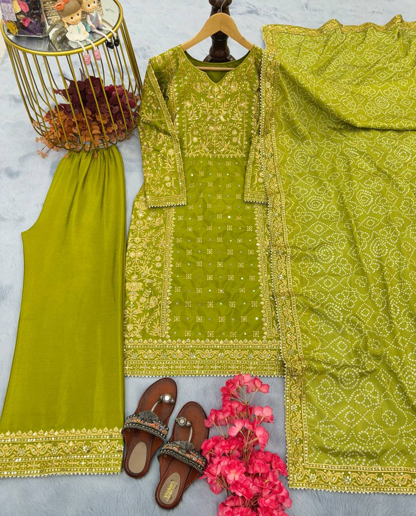 Parrot Green Chinon Silk Real Mirror Hand Work Kurta With Palazzo And Dupatta