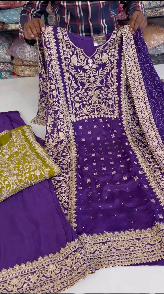 Purple Chinon Silk Real Mirror Hand Work Kurta With Palazzo And Dupatta