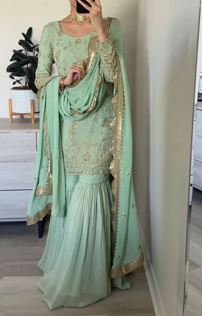 Pista Green Faux Georgette Sequence Embroidery Work Sharara Suit With Dupatta