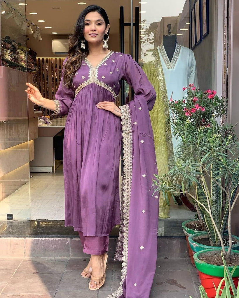 Lavender Chinon Silk Sequence Embroidery Work Gown With Dupatta Set