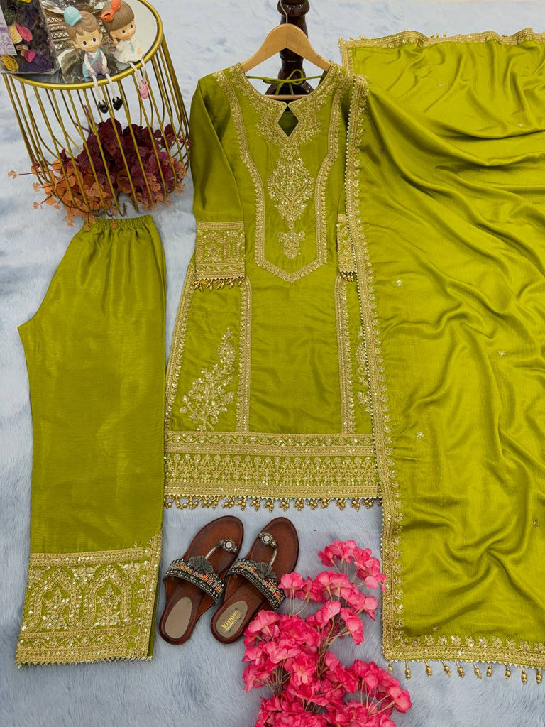 Parrot Green Chinon Silk Cording Dori Work Kurta With Palazzo And Dupatta