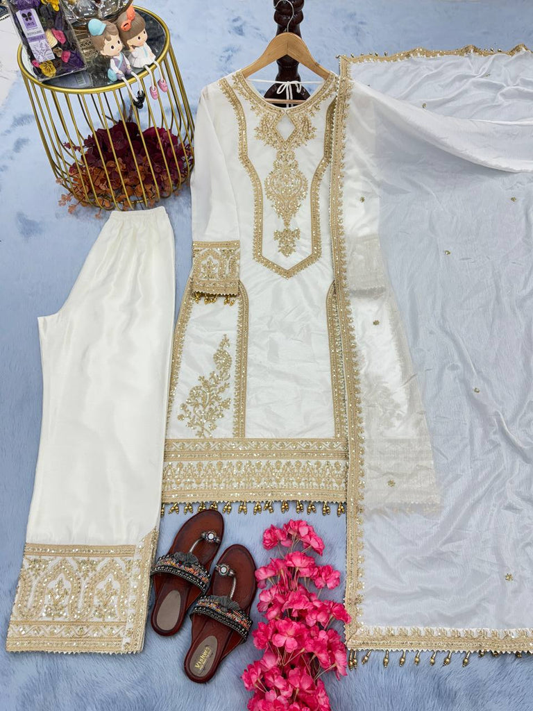 White Chinon Silk Cording Dori Work Kurta With Palazzo And Dupatta