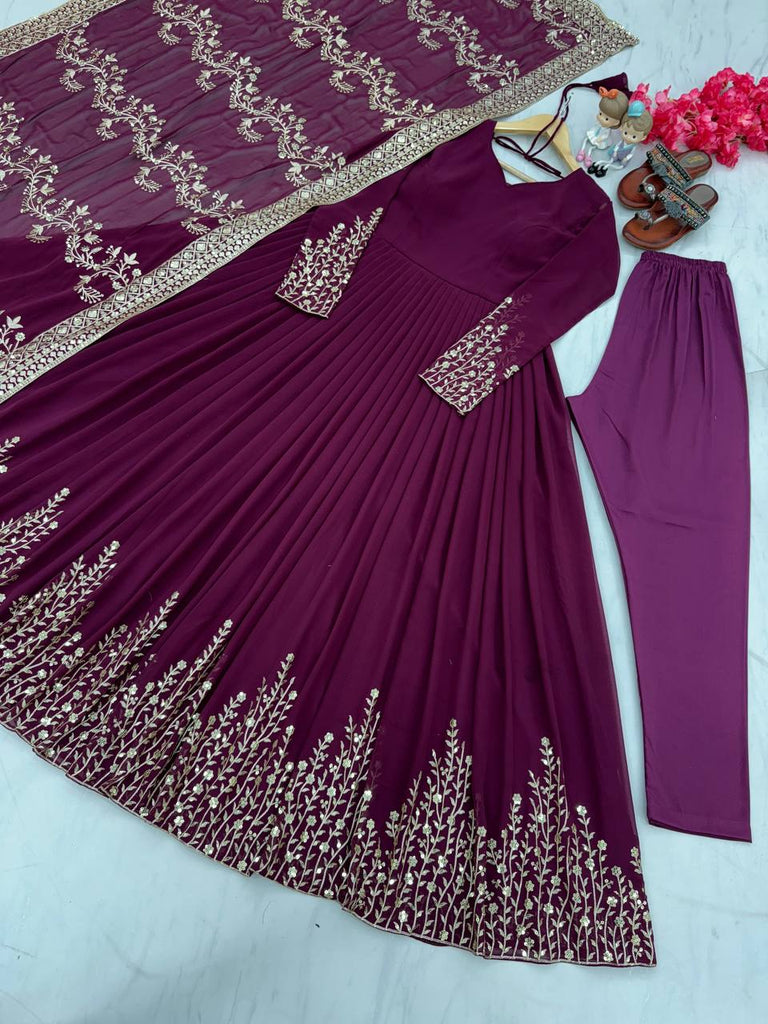 Wine Faux Georgette Sequence Embroidery Work Gown With Dupatta