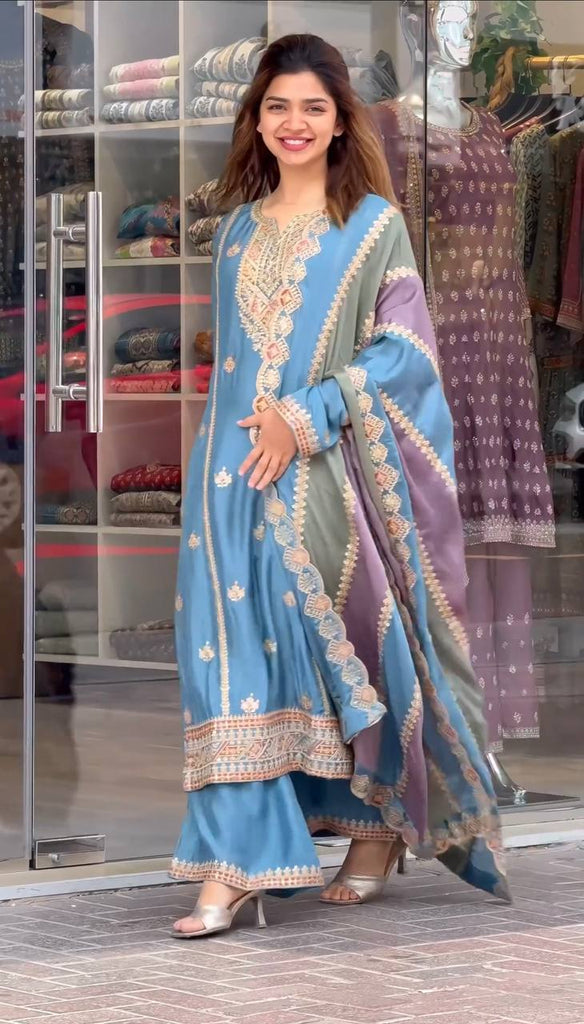 Sky Blue Faux Georgette Sequence Embroidery Work Kurta With Palazzo And Dupatta