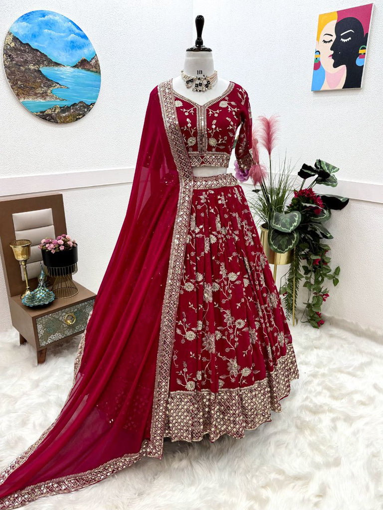 Red Faux Georgette Sequence Embroidery Work Lehenga Choli With Dupatta