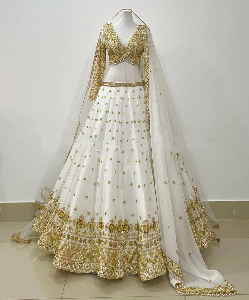 White Faux Georgette Sequence Embroidery Work Lehenga Choli With Dupatta