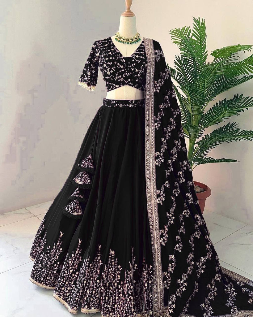Black Faux Georgette Sequence Embroidery Work Lehenga Choli With Dupatta