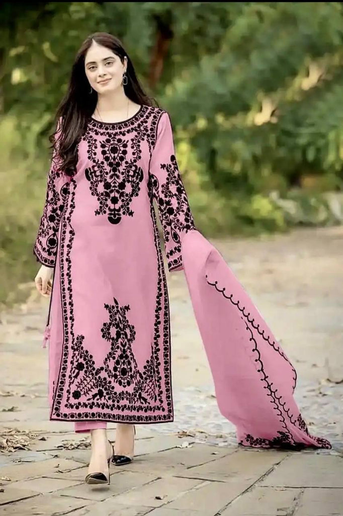 Pink Faux Georgette Embroidery Work Salwar Suit with Dupatta Set