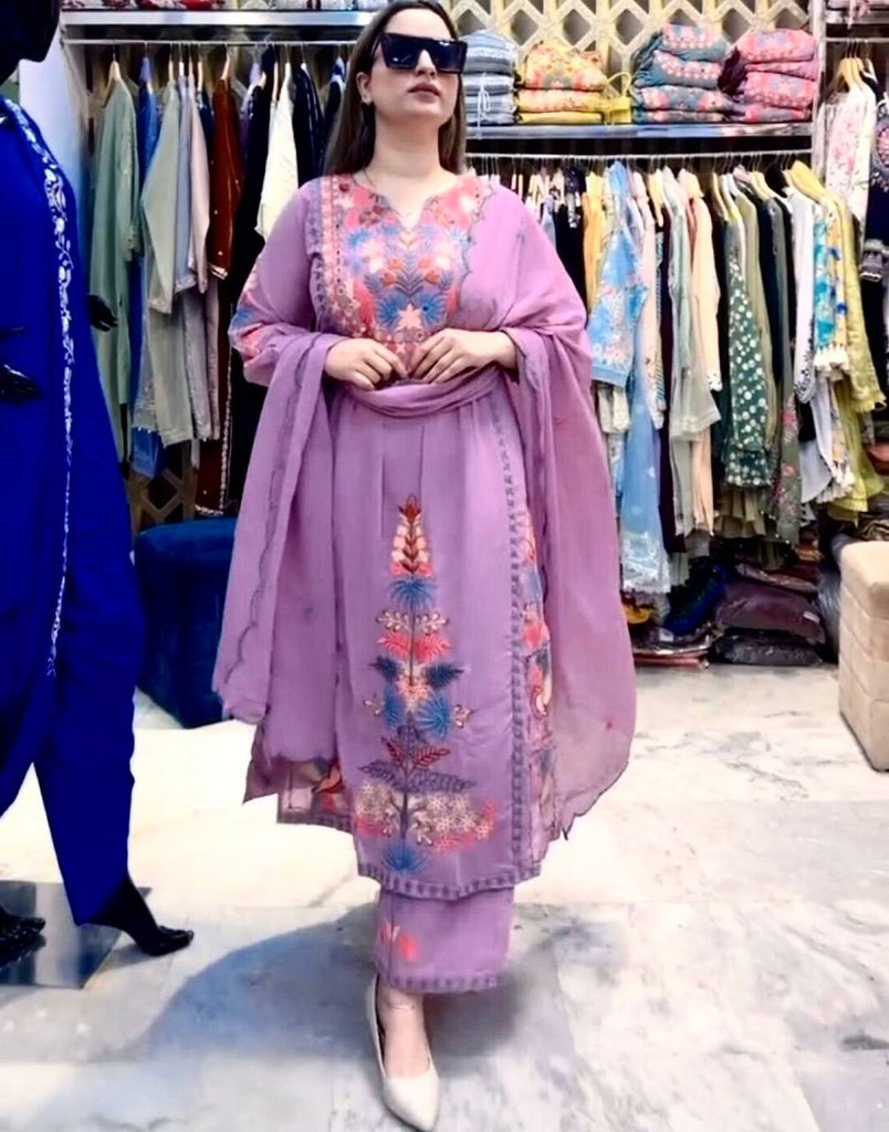 Purple Faux Georgette Embroidered Kurta With Pant And Dupatta Set