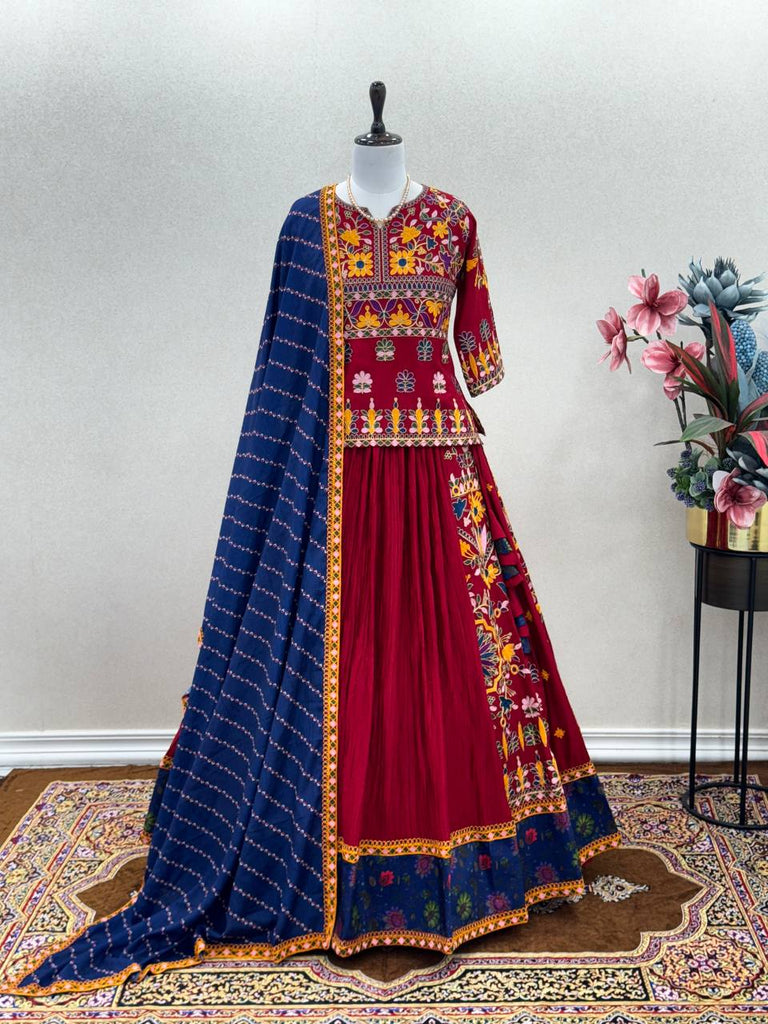 Maroon Pure Crush Rayon Embroidery Work Lehenga Choli With Dupatta