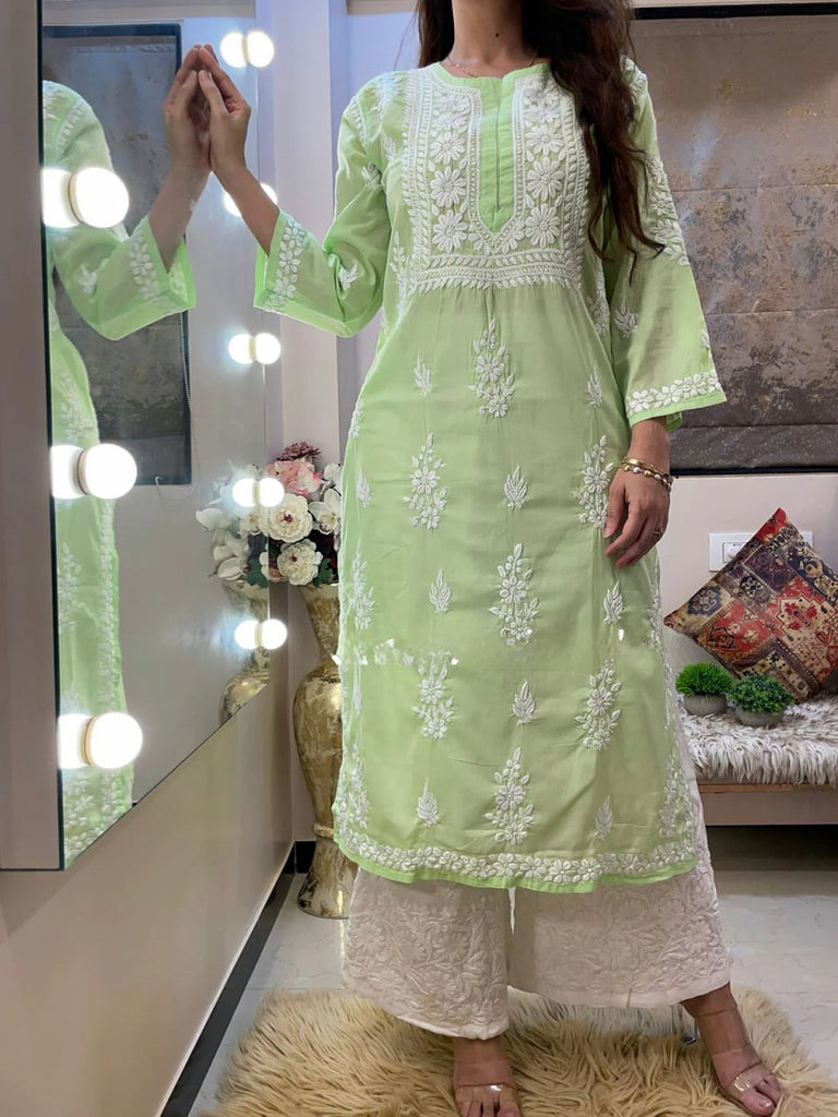 Rayon Cotton Chikankari Kurta With Palazzo Set