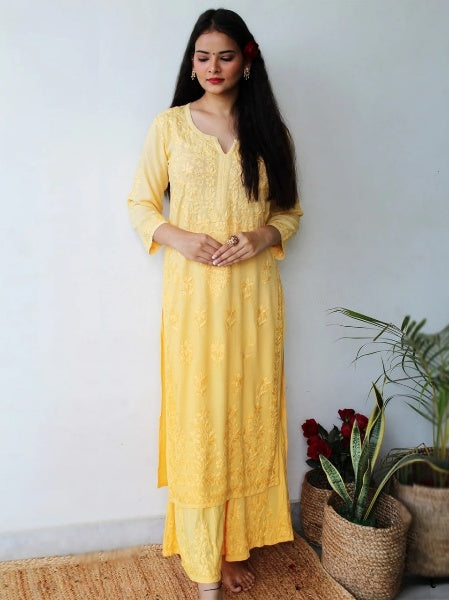 Yellow Rayon Cotton Chikankari Kurta With Palazzo Set