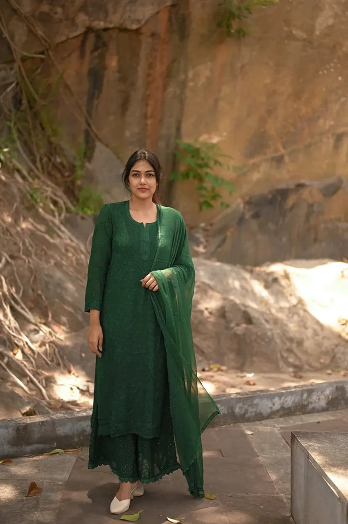 Pine Green Viscose Georgette Chikankari Kurta With Palazzo And Dupatta