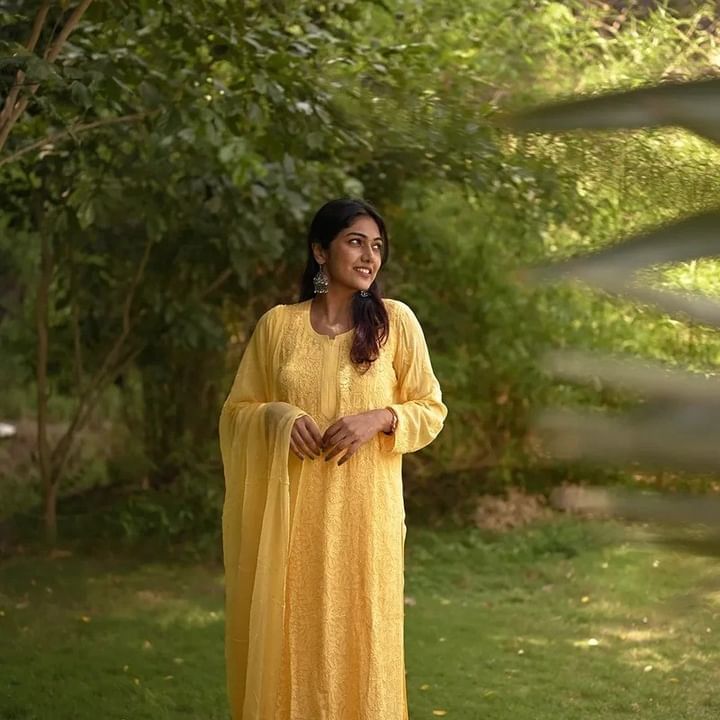 Yellow Viscose Georgette Chikankari Kurta With Palazzo And Dupatta