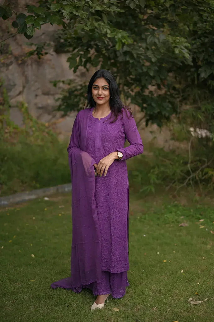 Wine Viscose Georgette Chikankari Kurta With Palazzo And Dupatta