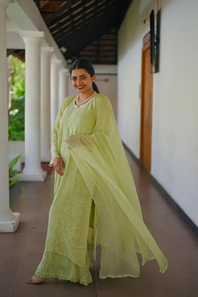 Pista Green Viscose Georgette Chikankari Kurta With Palazzo And Dupatta