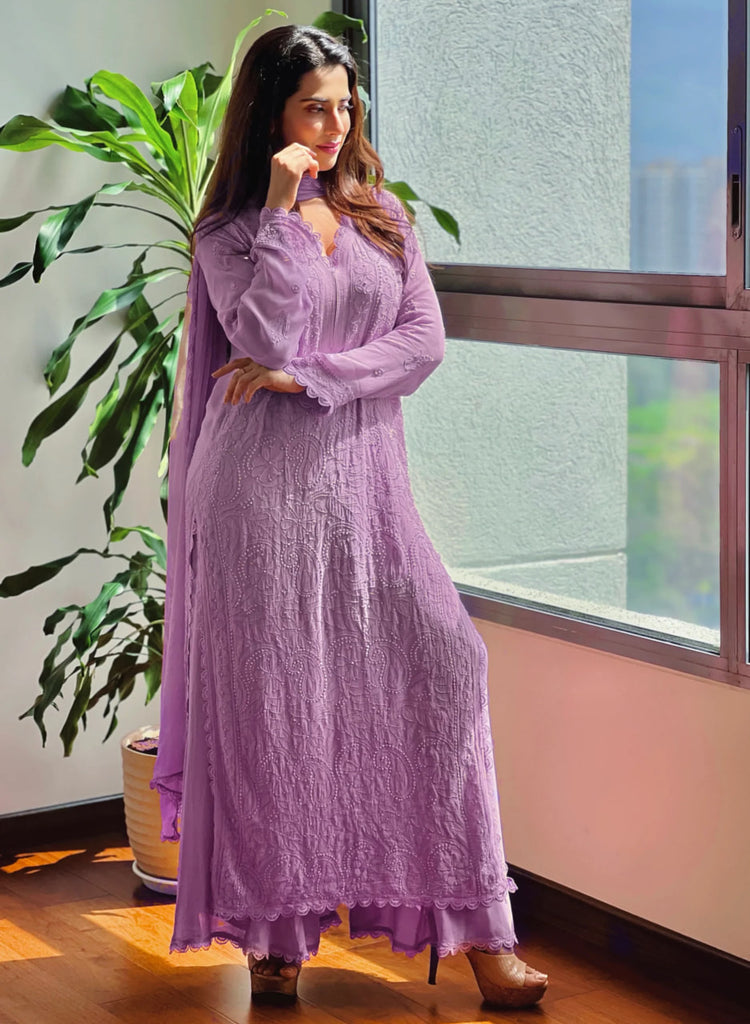 Lavender Viscose Georgette Silk Chikankari Kurta With Palazzo And Dupatta Set