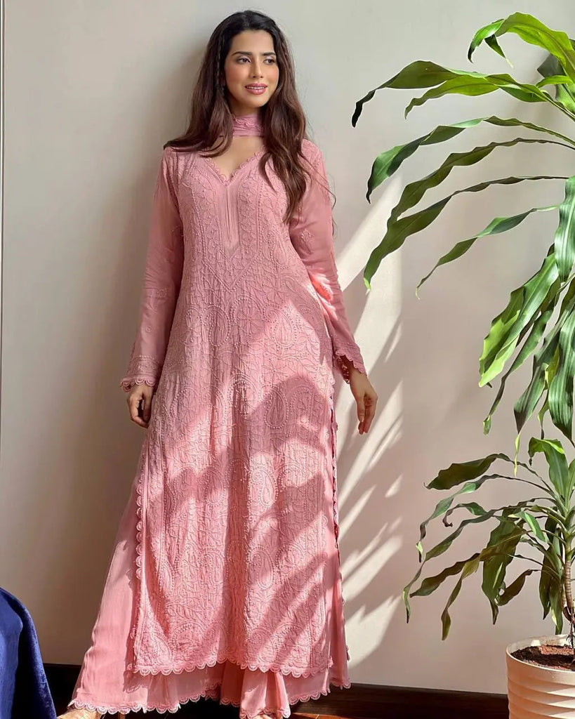 Peach Viscose Georgette Silk Chikankari Kurta With Palazzo And Dupatta Set