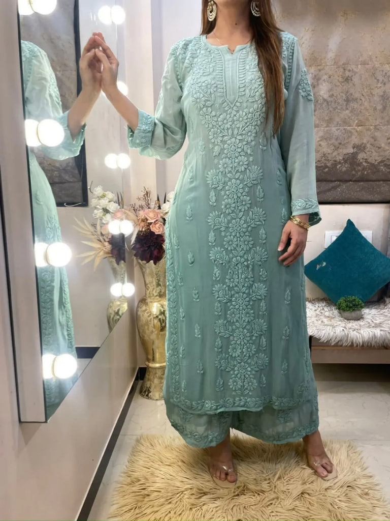 Sea Green Georgette Chikankari Kurta With Palazzo Set