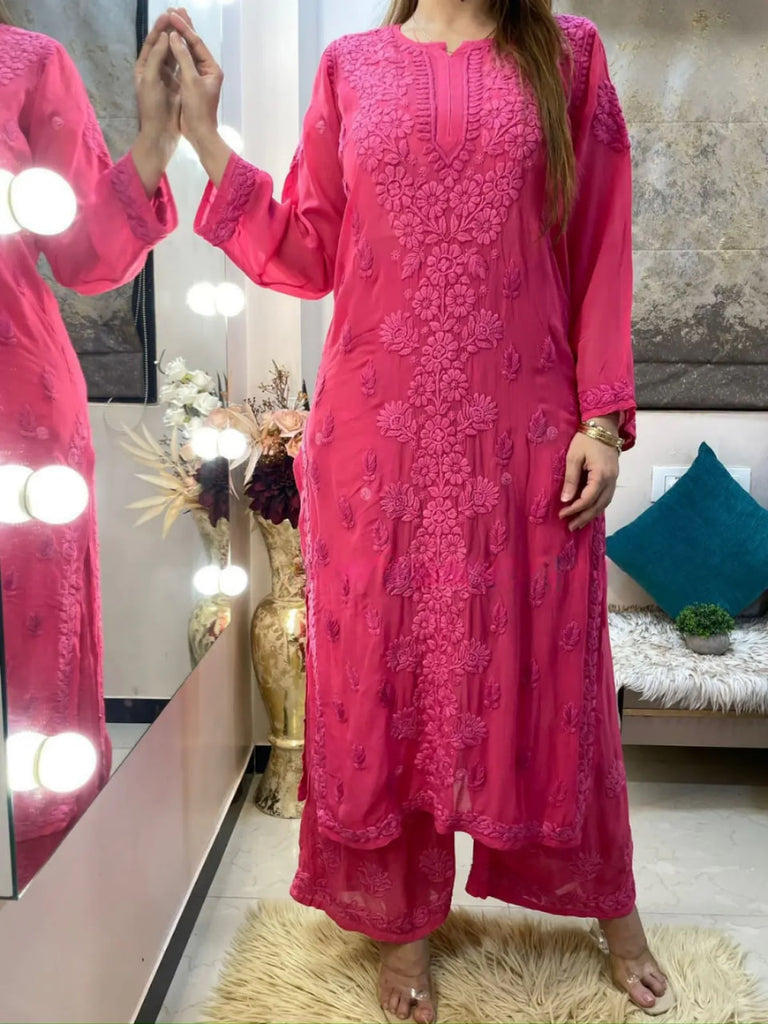 Pink Georgette Chikankari Kurta With Palazzo Set