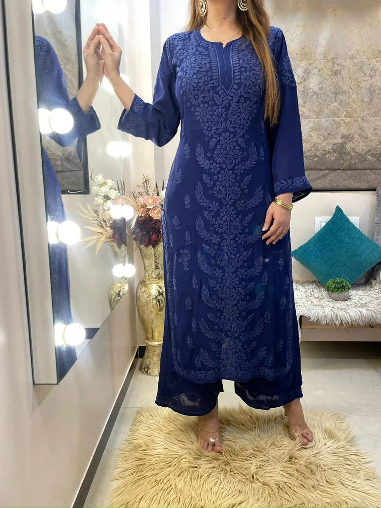 Blue Georgette Chikankari Kurta With Palazzo Set