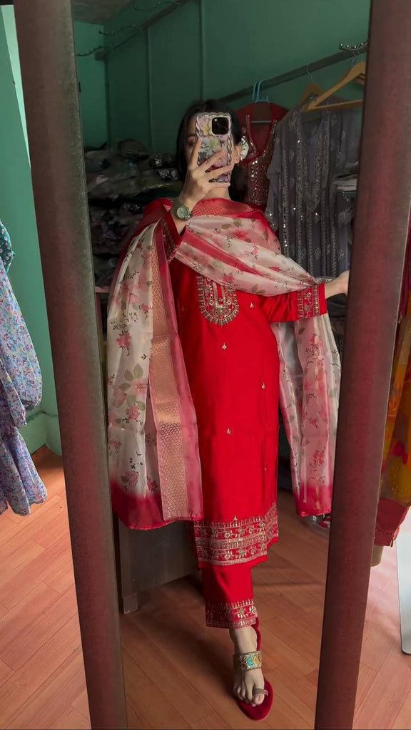 Red Chinon Silk Sequence Embroidery Work Salwar Suit